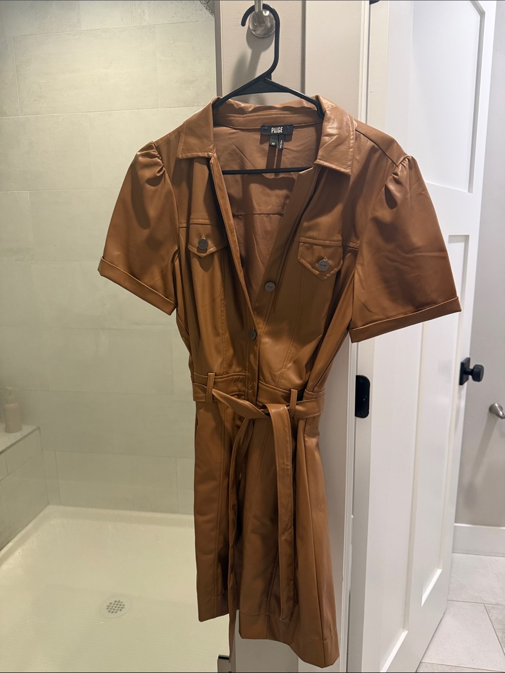 PAIGE Cognac Faux Leather Belted Shirt Dress